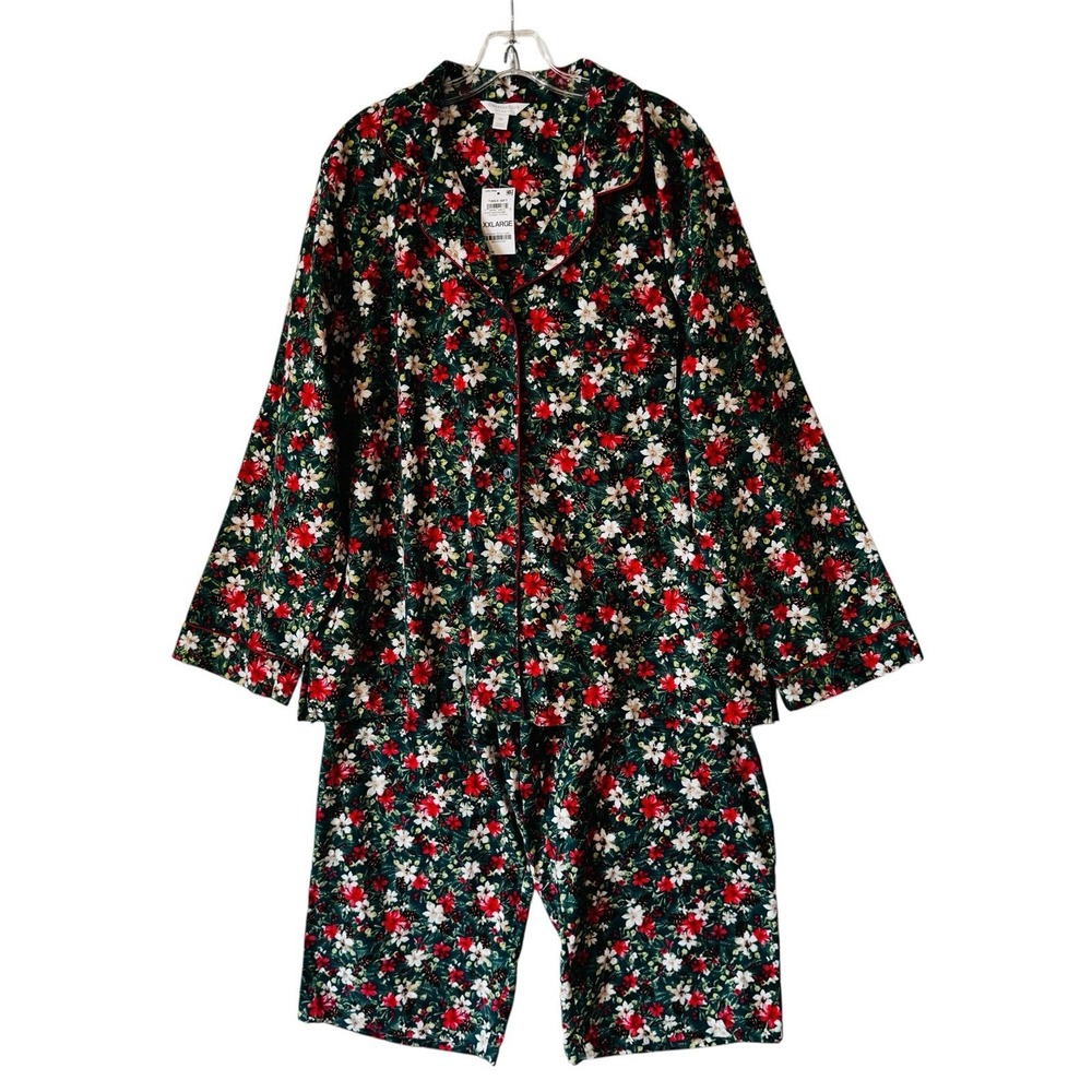 Charter Club Pajama Set Women XXL Green Floral Christmas Poinsettia NWT Holiday
